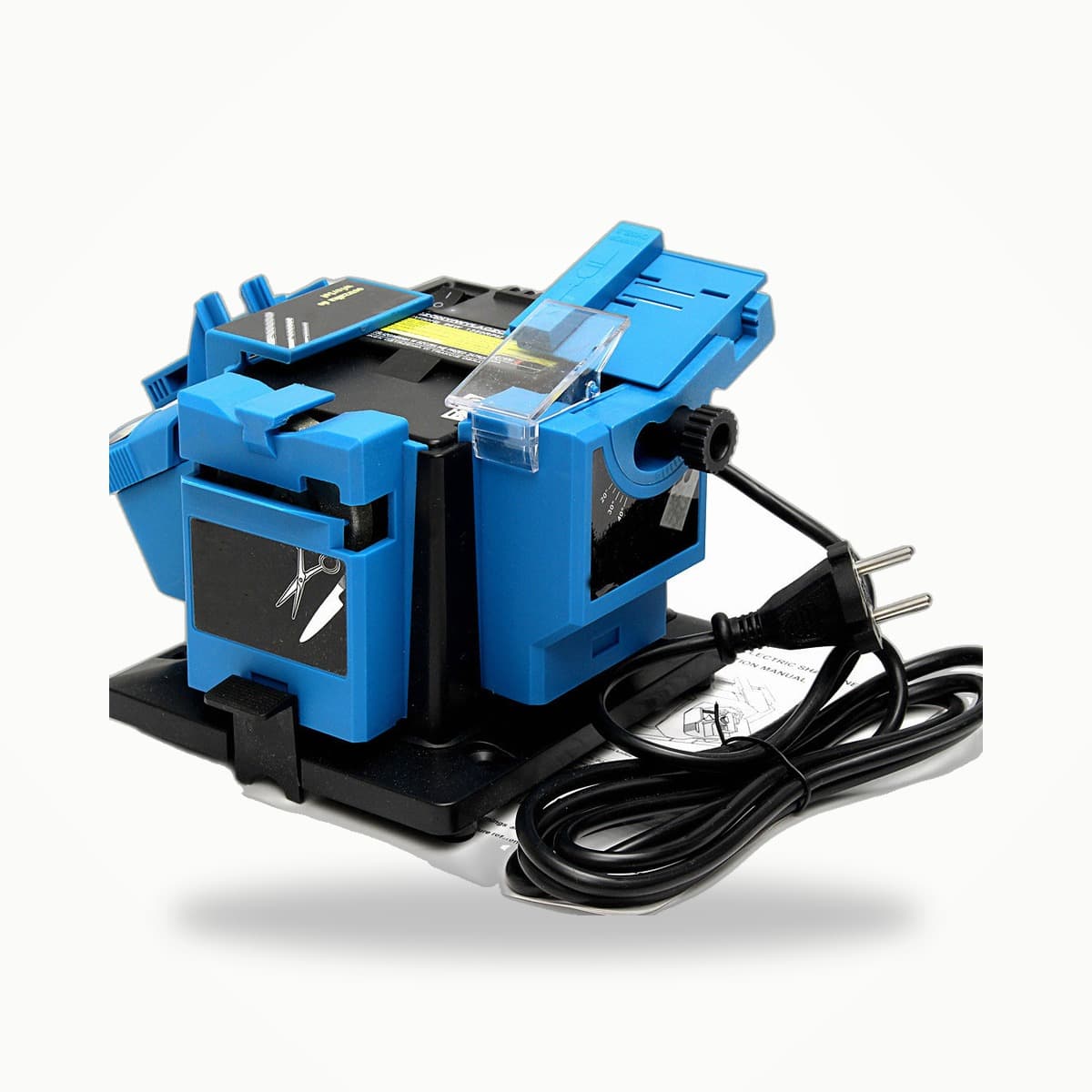 Aiguiseur électrique d'atelier bleu et noir avec ses postes amovibles et son câble d'alimentation, sur fond clair