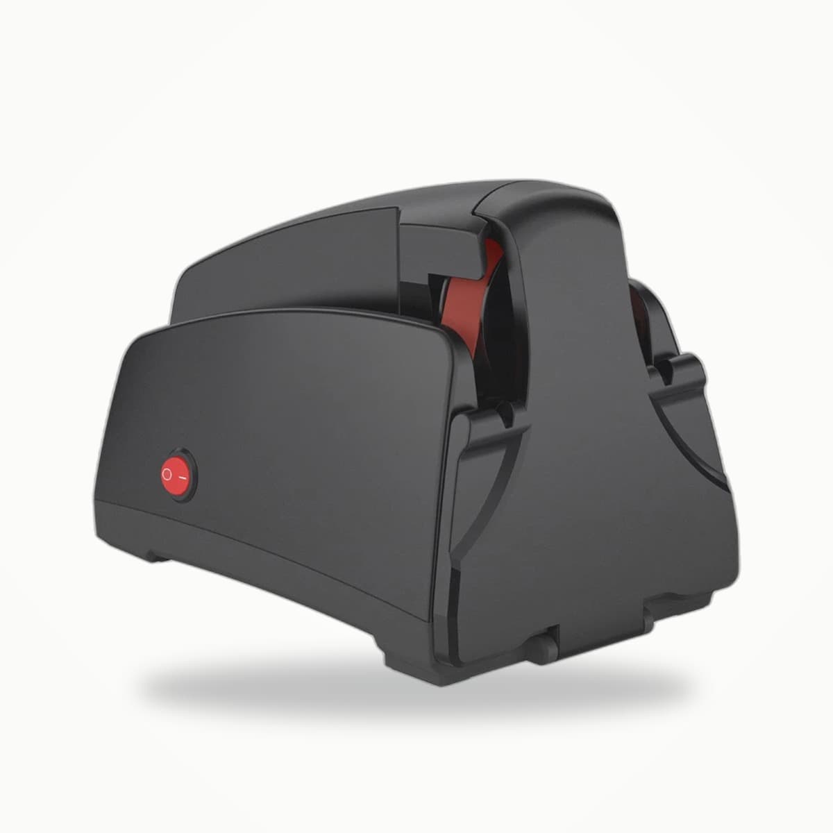 Aiguiseur électrique à bande abrasive, corps noir avec interrupteur rouge, vu de trois quarts sur fond clair