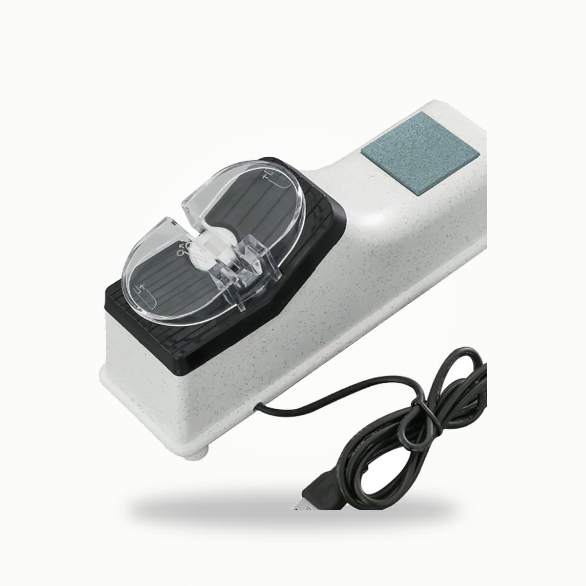 Aiguiseur électrique rechargeable blanc avec capot transparent et câble de charge, sur fond clair